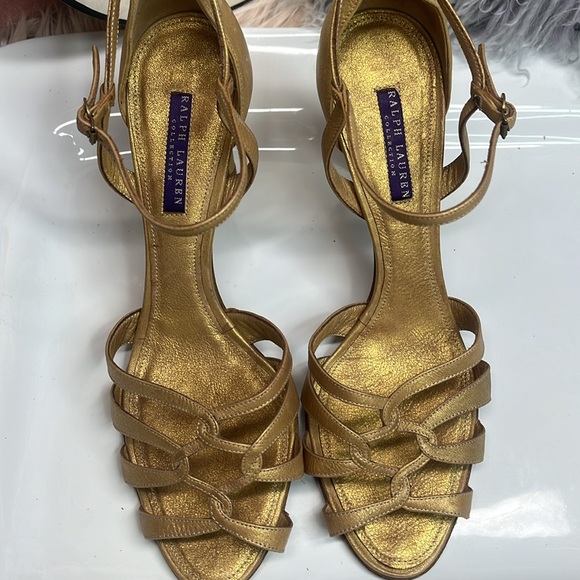 RALPH LAUREN PURPLE LABEL GOLD LEATHER HEELS - Picture 2 of 10